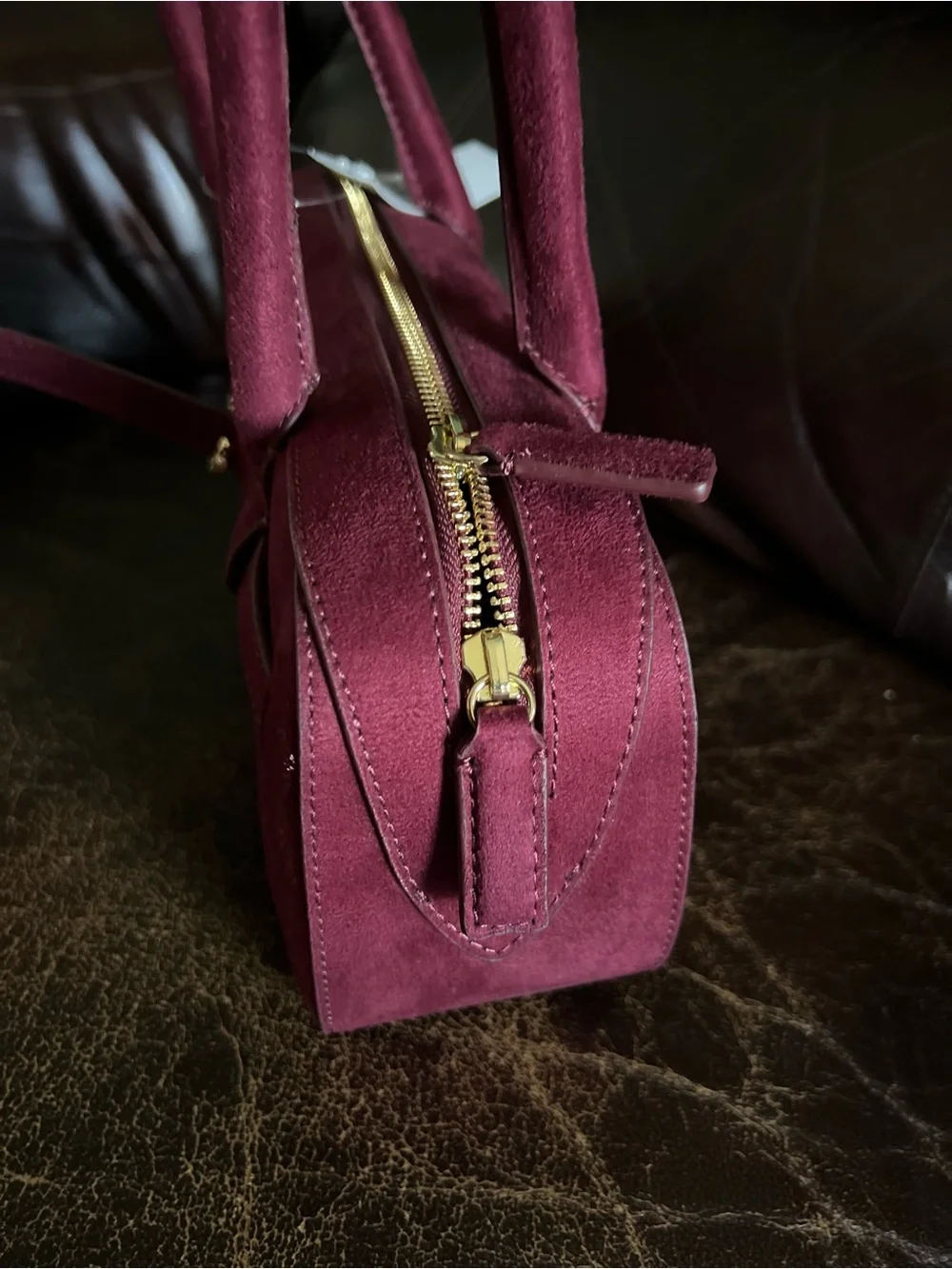 LOFT Wine Suede Satchel with Gold Hardware